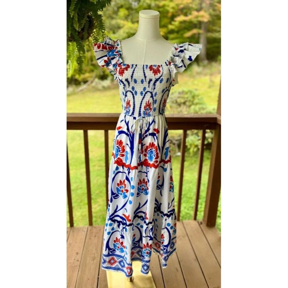 Truly 4 You Small Smocked Ruffle Maxi Dress Red White Blue Floral